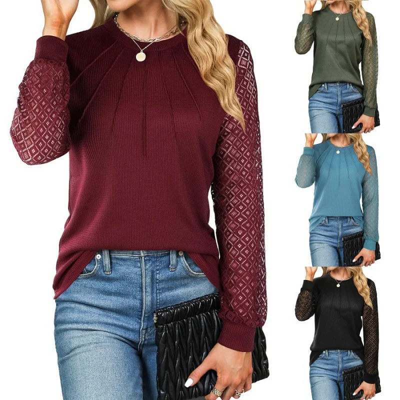 European and american women's clothing2024New Waffle Lace Stitching Long Sleeve round Neck StripesTShirt Top
European and american women's clothing2024New Waffle Lace Stitching Long Sleeve round Neck StripesTShirt Top
