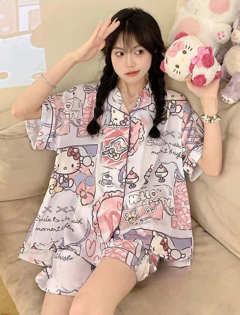 Женский летний пижамный комплект Hello Kitty — охлаждающий бамбуковый бюстгальтер с короткими рукавами, топ и низ, домашняя одежда с мультяшным принтом
Женский летний пижамный комплект Hello Kitty — охлаждающий бамбуковый бюстгальтер с короткими рукавами, топ и низ, домашняя одежда с мультяшным принтом