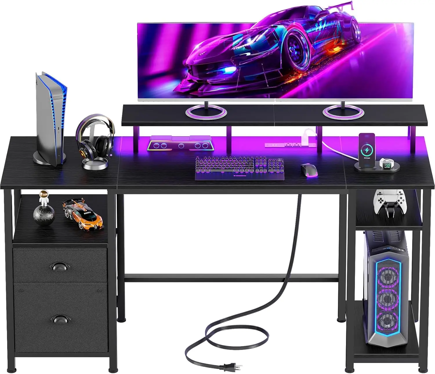 61' Gaming Desk with Power Outlets, LED Lights, Monitor Stand & File Cabinet, Black
61' Gaming Desk with Power Outlets, LED Lights, Monitor Stand & File Cabinet, Black