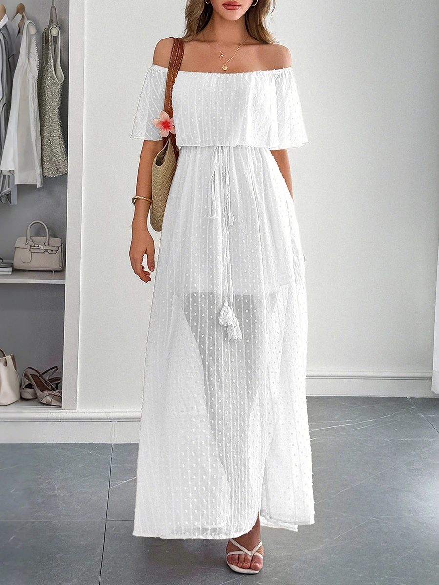 Solid Mesh Textured Split Maxi Dress Women Off Shoulder Waist Lace-up A-line Vestidos Summer Elegant Fashion Casual Long Dresses
Solid Mesh Textured Split Maxi Dress Women Off Shoulder Waist Lace-up A-line Vestidos Summer Elegant Fashion Casual Long Dresses