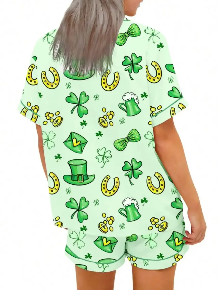 Women 2 Piece Pajama Set St Patricks Day Shamrock Clover Print Short Sleeve Top And Elastic Waist Shorts Loungewear Sleepwear
Women 2 Piece Pajama Set St Patricks Day Shamrock Clover Print Short Sleeve Top And Elastic Waist Shorts Loungewear Sleepwear