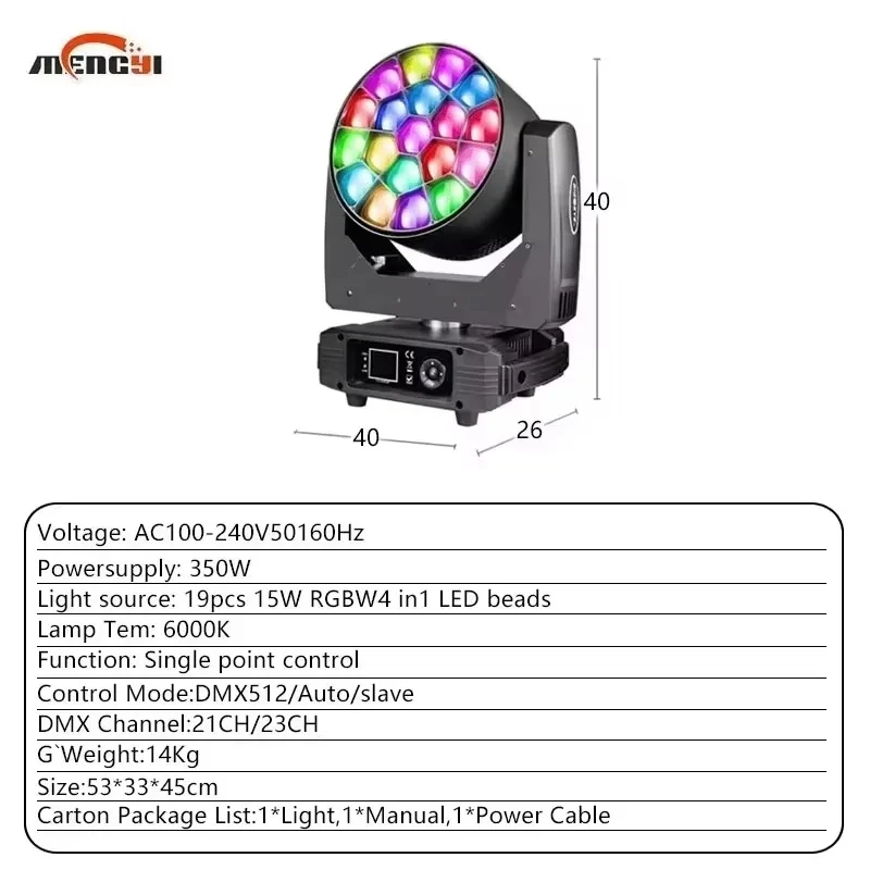 Factory Direct Sales Zoom Moving Head Par Light 19pcs 4in1 RGBW LED Emitted Moving Head Wash Light
Factory Direct Sales Zoom Moving Head Par Light 19pcs 4in1 RGBW LED Emitted Moving Head Wash Light
