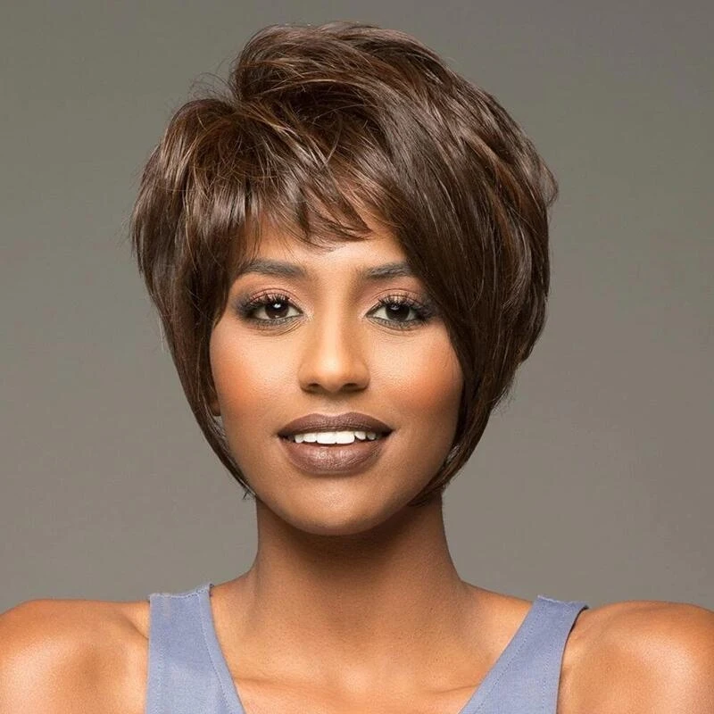 with curly , straight hair, fluffy short bangs, dark brown women's wig
with curly , straight hair, fluffy short bangs, dark brown women's wig