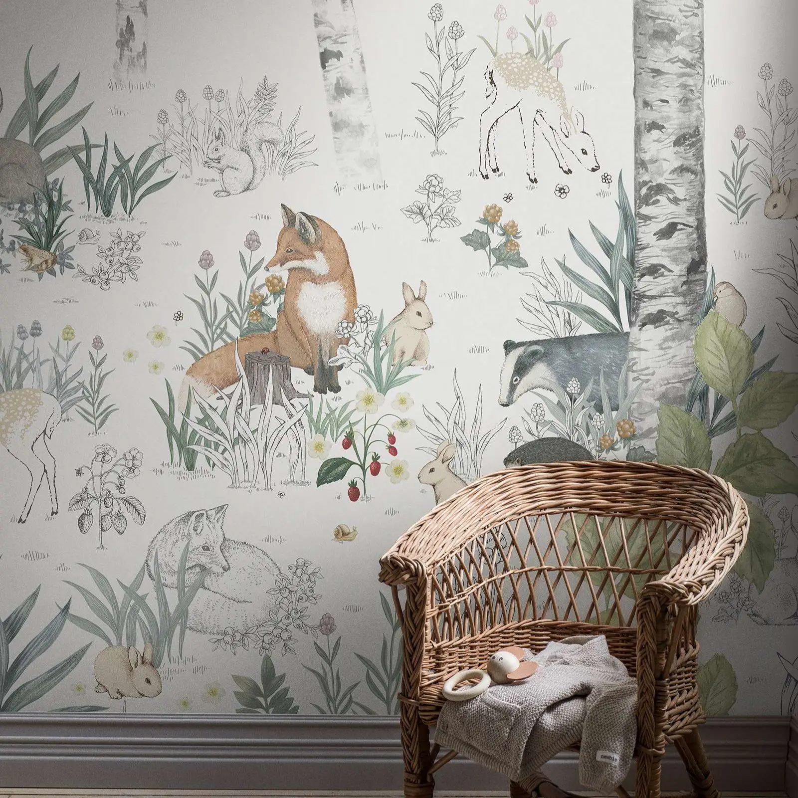 MAGIC FOREST Wall Mural, Woodland animals Wallpaper with hand drawn floppy-eared rabbits and white-spotted fawns.
MAGIC FOREST Wall Mural, Woodland animals Wallpaper with hand drawn floppy-eared rabbits and white-spotted fawns.