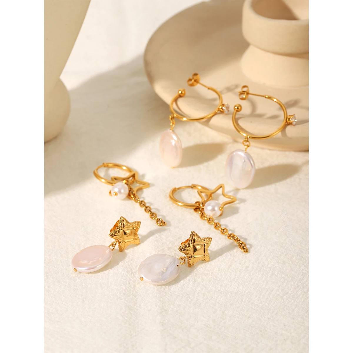 Star Pearl Earrings Set For Women's 18K Gold Plated Stainless Steel Baroque Dangle Waterproof Tarnish Resistant Jewelry Gift
Star Pearl Earrings Set For Women's 18K Gold Plated Stainless Steel Baroque Dangle Waterproof Tarnish Resistant Jewelry Gift