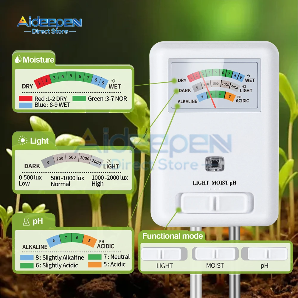 3 in 1 Soil Meter Moisture Light PH Testers With 2 Probes Soil Monitor for Garden Plant Test Flower Instrument Tool
3 in 1 Soil Meter Moisture Light PH Testers With 2 Probes Soil Monitor for Garden Plant Test Flower Instrument Tool