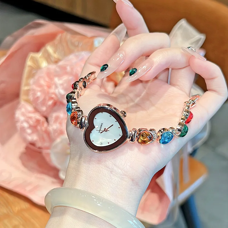Cute Colored Crystal Bracelet with Heart-shaped Dial Watch for Women's Casual Korean Exquisite Quartz Girl Watch Gift
Cute Colored Crystal Bracelet with Heart-shaped Dial Watch for Women's Casual Korean Exquisite Quartz Girl Watch Gift