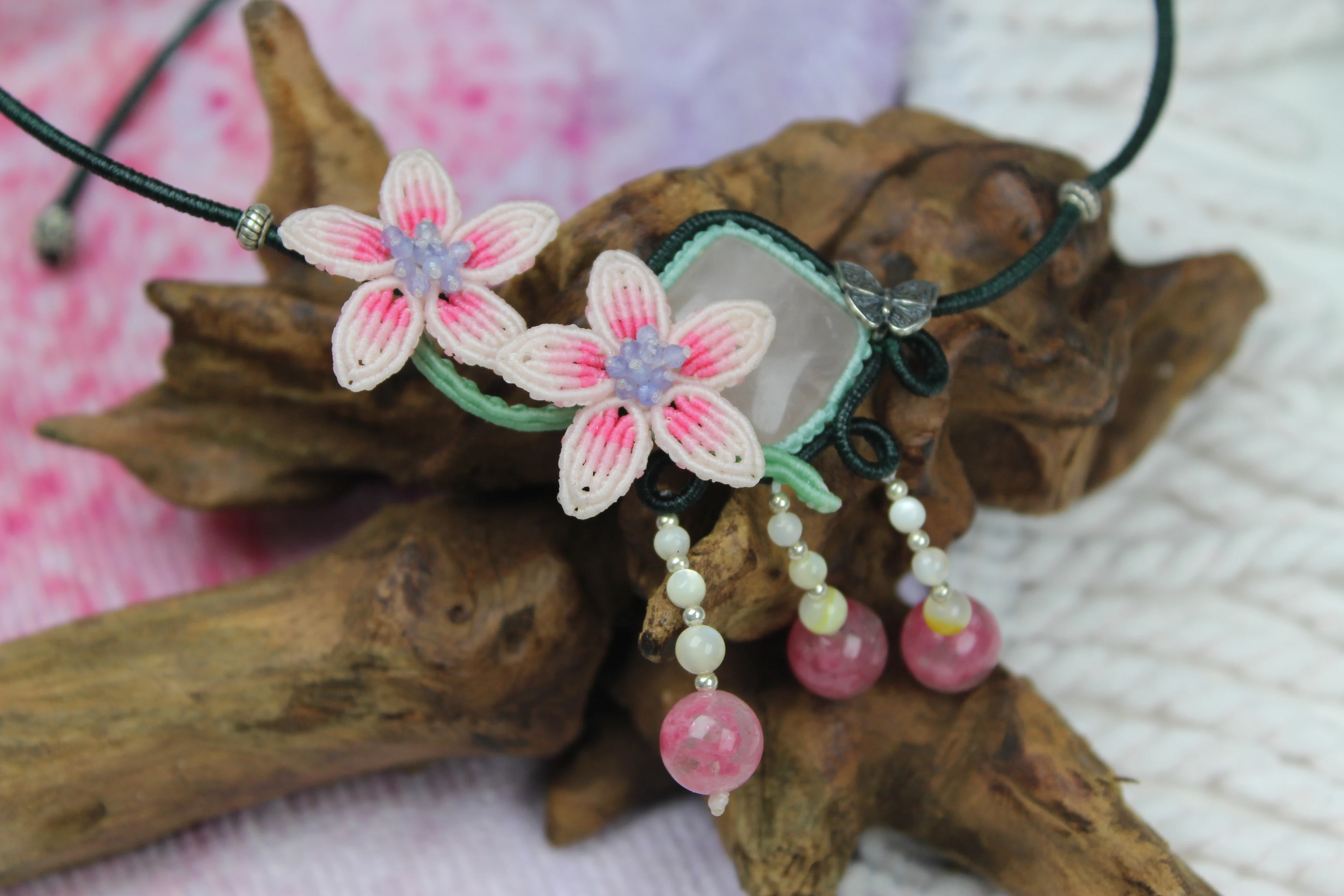 Macrame Handmade Wax Polyster Cord Woven Square Powder Crystal Natural Stone Necklace wih Flowers Exclusive Custom Design Gift
Macrame Handmade Wax Polyster Cord Woven Square Powder Crystal Natural Stone Necklace wih Flowers Exclusive Custom Design Gift