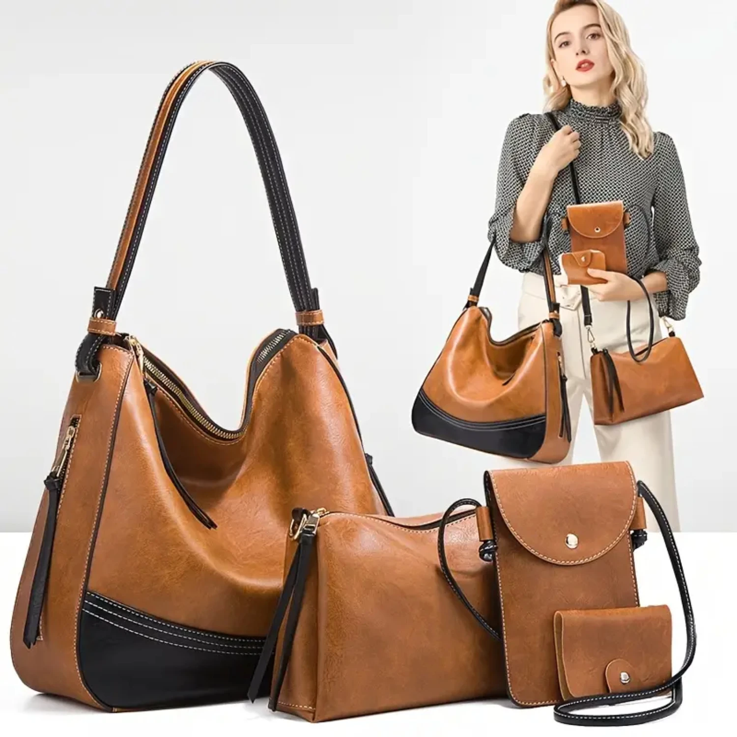 Stylish, versatile faux leather handbag set for women with large capacity. Includes tote bag, shoulder bag, phone bag, and card
Stylish, versatile faux leather handbag set for women with large capacity. Includes tote bag, shoulder bag, phone bag, and card