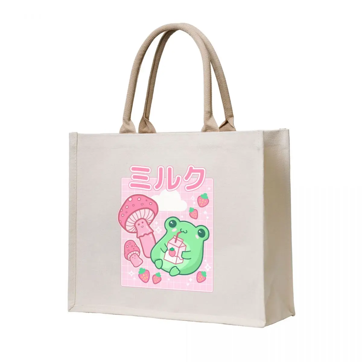 Cute Cottagecore Frog with Strawberries in Retro 90s Kawaii Aesthetic: A Japanese Y2K Style Pink Fungi and Bubble Milk Tote Bag 
Cute Cottagecore Frog with Strawberries in Retro 90s Kawaii Aesthetic: A Japanese Y2K Style Pink Fungi and Bubble Milk Tote Bag