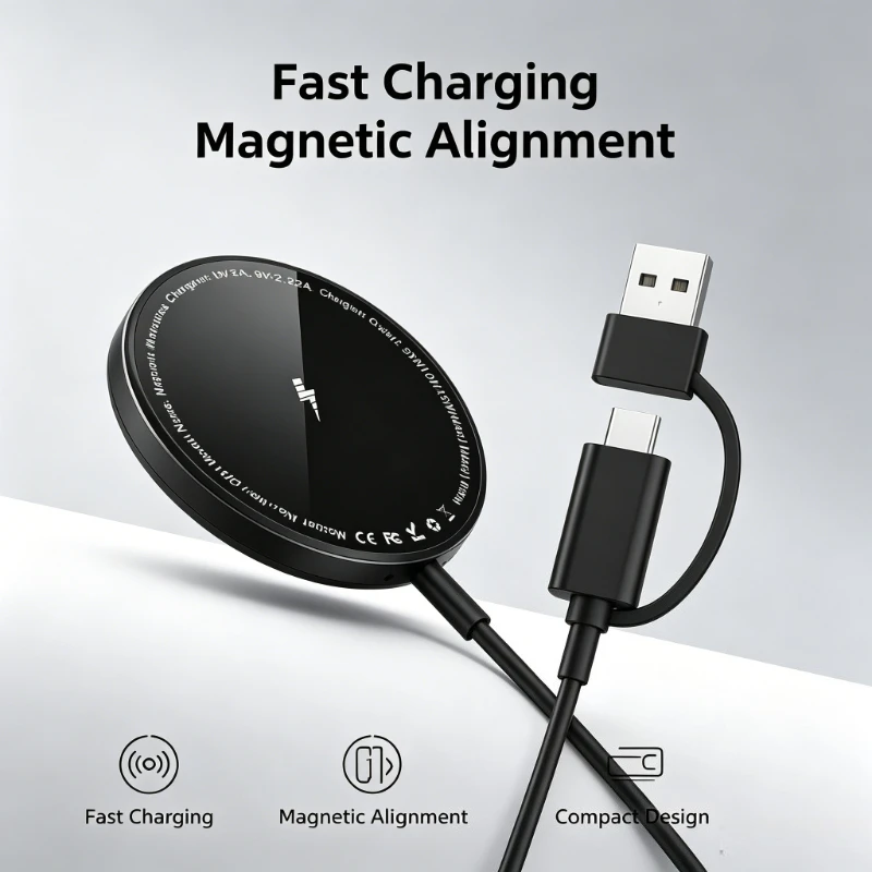 Magnetic Wireless Charger Fast Charging Magnetic Alignment Compact Design 2 in 1 Cable For Magsafe iPhone 17 16 Pro Max Android
Magnetic Wireless Charger Fast Charging Magnetic Alignment Compact Design 2 in 1 Cable For Magsafe iPhone 17 16 Pro Max Android