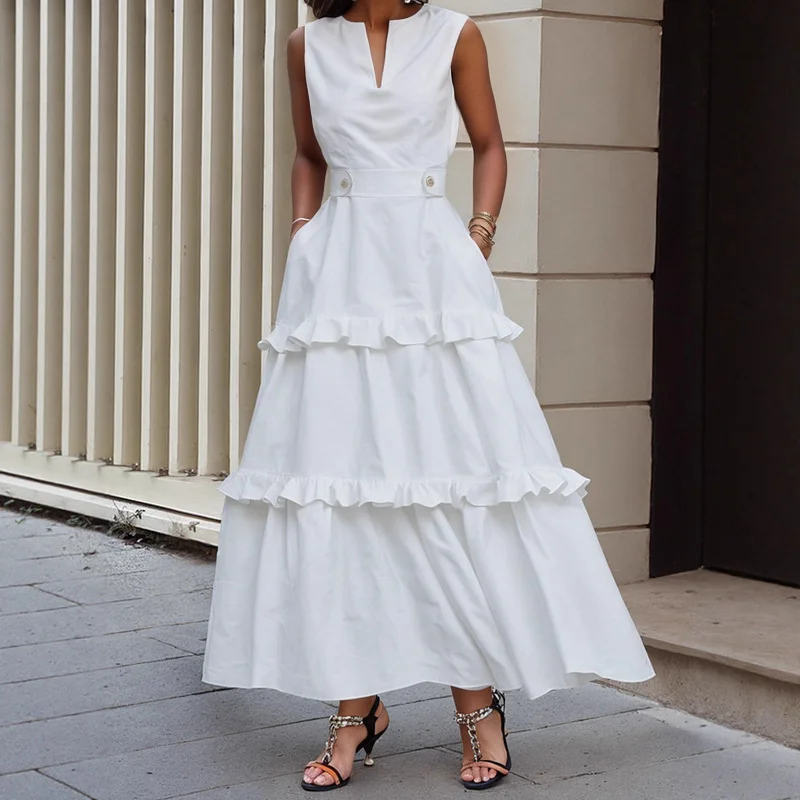 Split-joint High Waist Pleated Dress for Women 2025 Summer Fashion V-neck Sleeveless A-line Dress Ruffle Seaside Vacation Dress 
Split-joint High Waist Pleated Dress for Women 2025 Summer Fashion V-neck Sleeveless A-line Dress Ruffle Seaside Vacation Dress