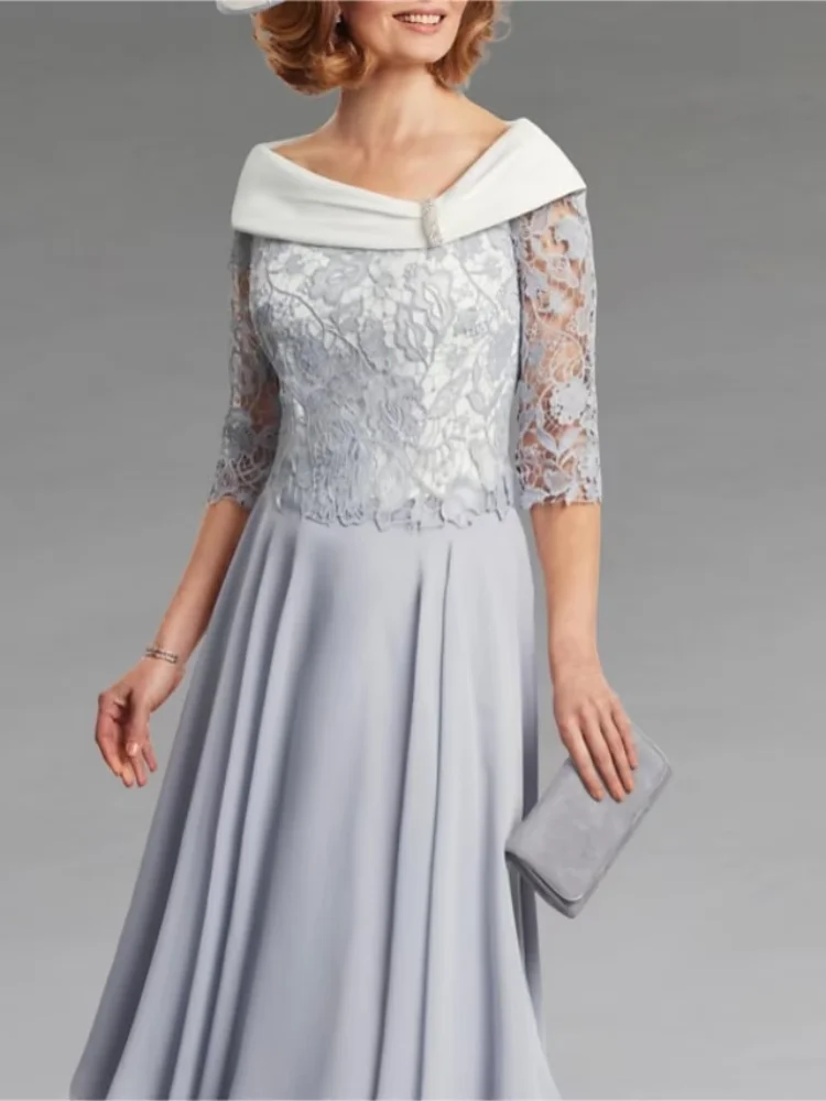 A-Line Mother of the Bride Dress Bateau Neck Tea Length Chiffon Lace Half Sleeve with Pleats Crystal Brooch 2023
A-Line Mother of the Bride Dress Bateau Neck Tea Length Chiffon Lace Half Sleeve with Pleats Crystal Brooch 2023