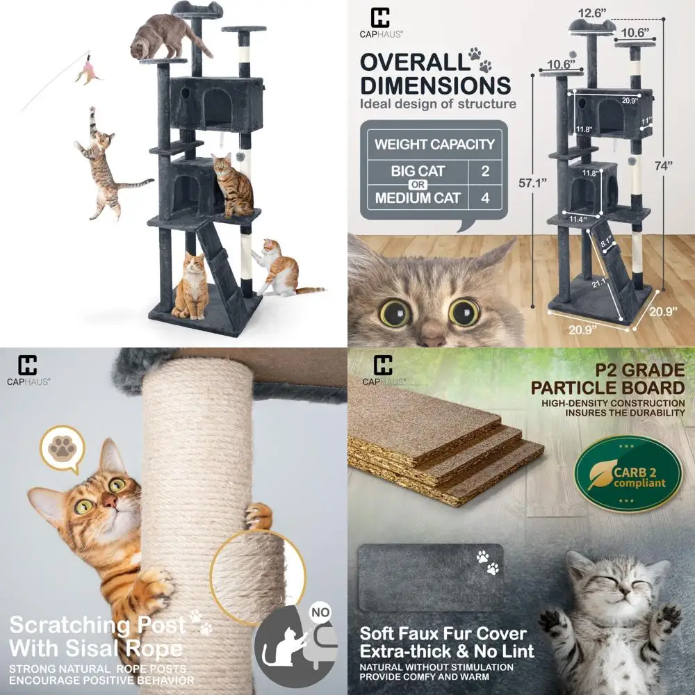 Indoor Modern 74-Inch Cat Tree with Wand Toy for Large Cats and Kittens, Multi-Level Play and Resting Area
Indoor Modern 74-Inch Cat Tree with Wand Toy for Large Cats and Kittens, Multi-Level Play and Resting Area