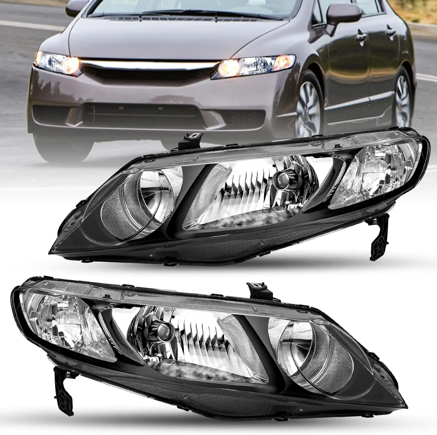 Headlight Assembly Compatible with 2006-2011 Honda Civic 4-Door Sedan Headlamp Pair Replacement Passenger and Driver Side (Black 
Headlight Assembly Compatible with 2006-2011 Honda Civic 4-Door Sedan Headlamp Pair Replacement Passenger and Driver Side (Black
