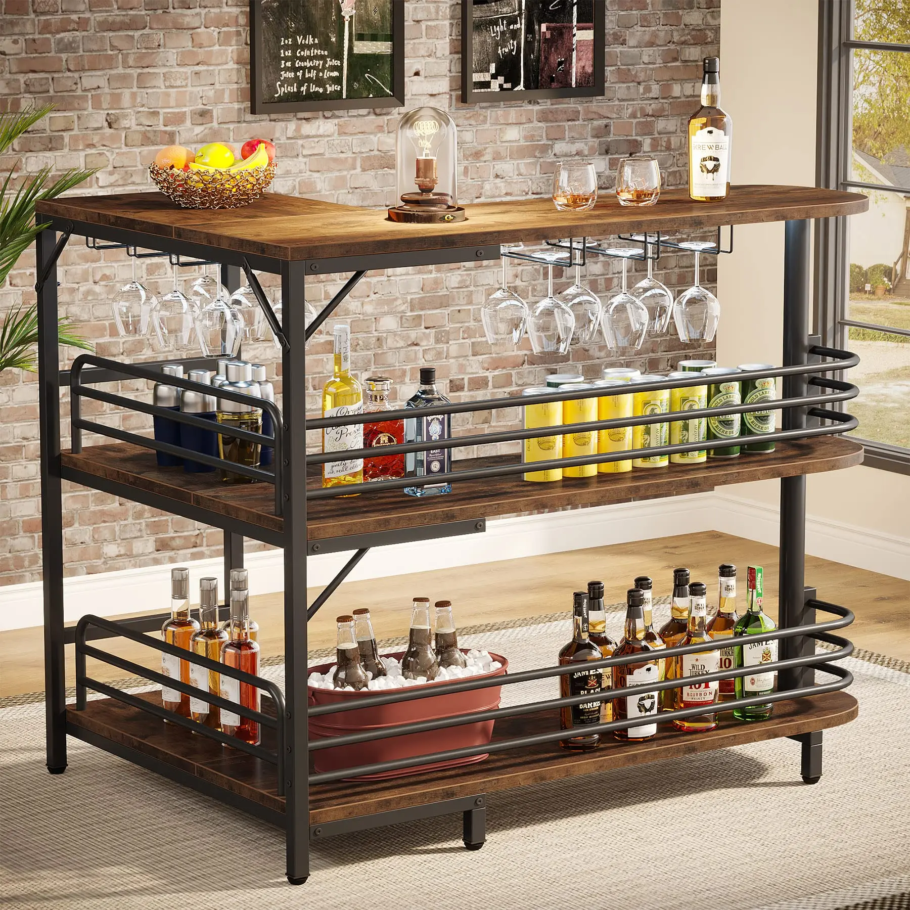 Rustic Industrial L-Shape Home Bar With Three-Tier Wooden Shelves, Hanging Wine Glass Rack, And Liquor Storage For Kitchen Or
Rustic Industrial L-Shape Home Bar With Three-Tier Wooden Shelves, Hanging Wine Glass Rack, And Liquor Storage For Kitchen Or