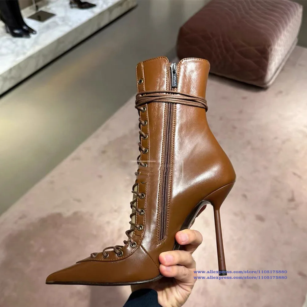 Brown Leather High Heel Ankle Boots Pointed-Toe Lace-Up Stiletto Boots Side Zipper Women's Booties Luxury Designer Botas Mujer
Brown Leather High Heel Ankle Boots Pointed-Toe Lace-Up Stiletto Boots Side Zipper Women's Booties Luxury Designer Botas Mujer