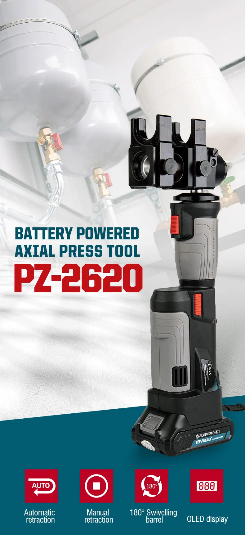 ZUPPER PZ‑2620 Battery Powered Pipe Press Tool PEX Copper Tube Hydraulic Crimping Tool Plumbing Pressing Machine Without Jaws
ZUPPER PZ‑2620 Battery Powered Pipe Press Tool PEX Copper Tube Hydraulic Crimping Tool Plumbing Pressing Machine Without Jaws