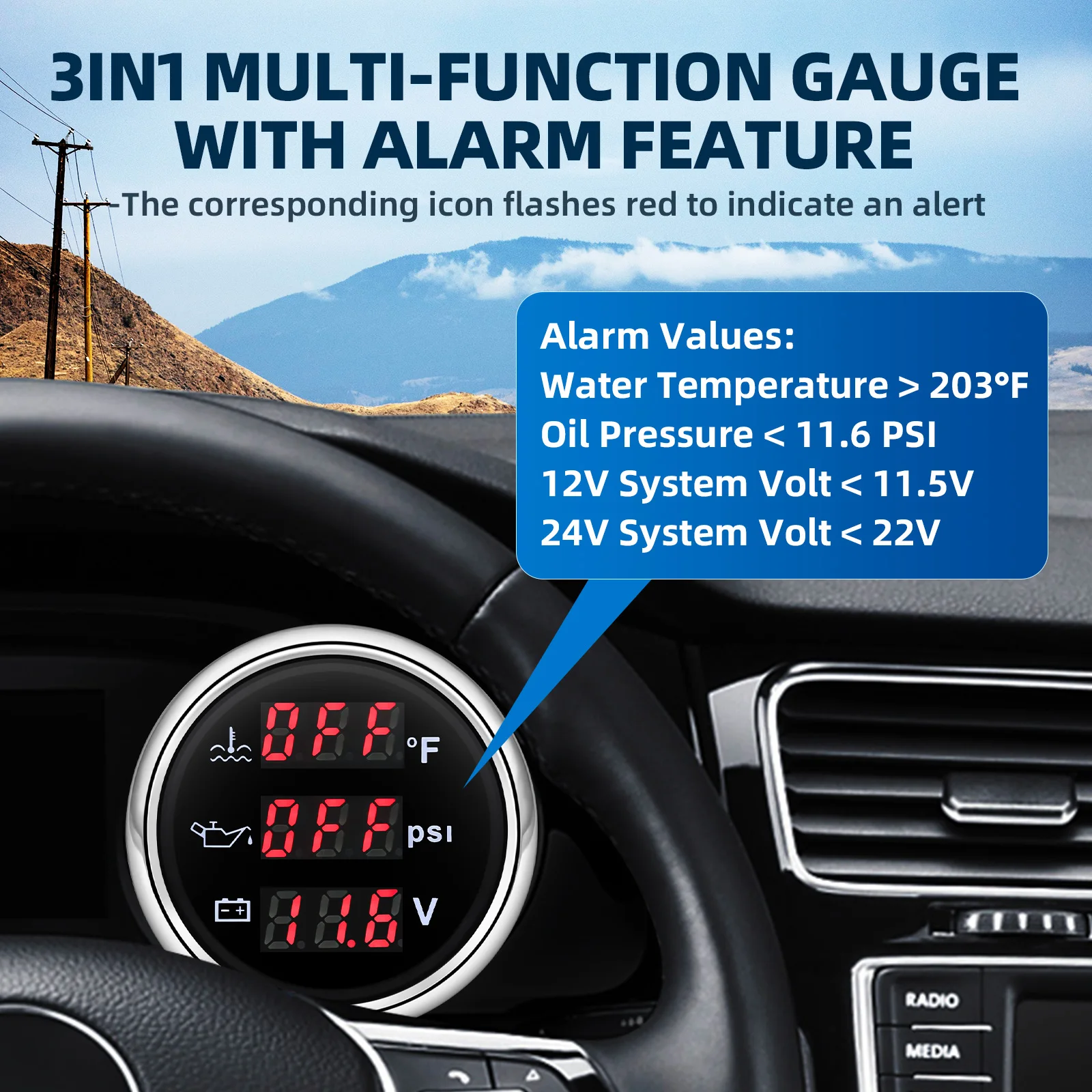 Customized 3 in 1 Oil Pressure Water Temp Gauge Voltmeter with 10 Bar Press Sensors NPT1/8 Temperature Sensors
Customized 3 in 1 Oil Pressure Water Temp Gauge Voltmeter with 10 Bar Press Sensors NPT1/8 Temperature Sensors