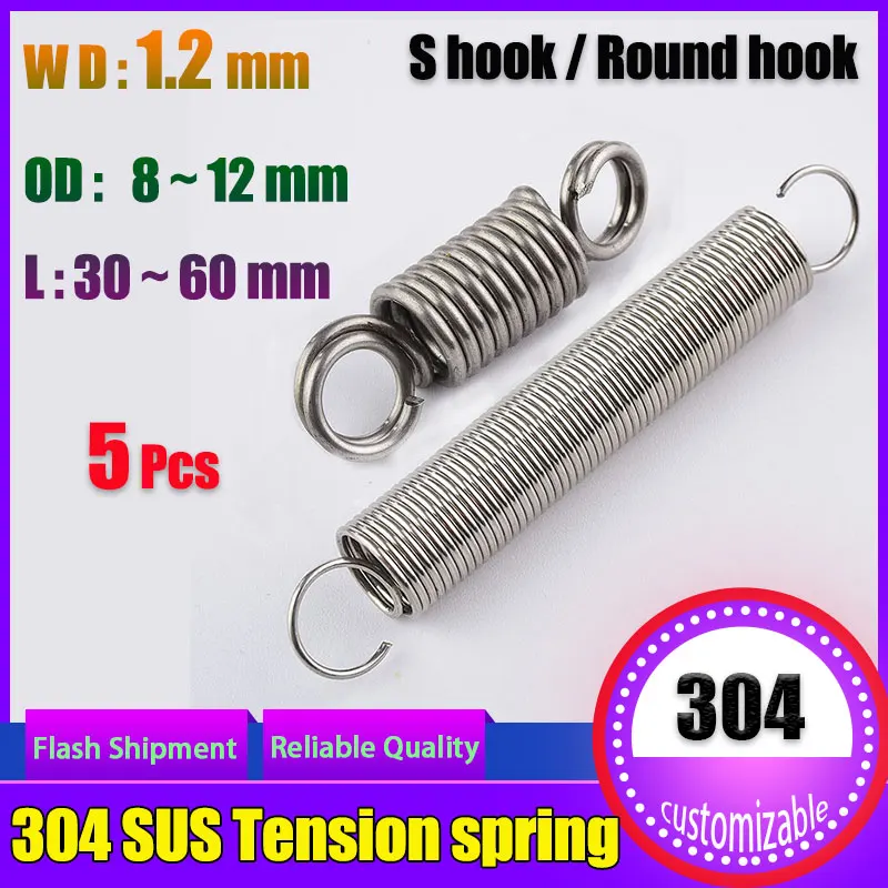 Tension spring 1.2*8-12mm Wire diameter S Hook Round hook Coil Pullback Extension Tension metal Spring wire 304 Stainless Steel
Tension spring 1.2*8-12mm Wire diameter S Hook Round hook Coil Pullback Extension Tension metal Spring wire 304 Stainless Steel