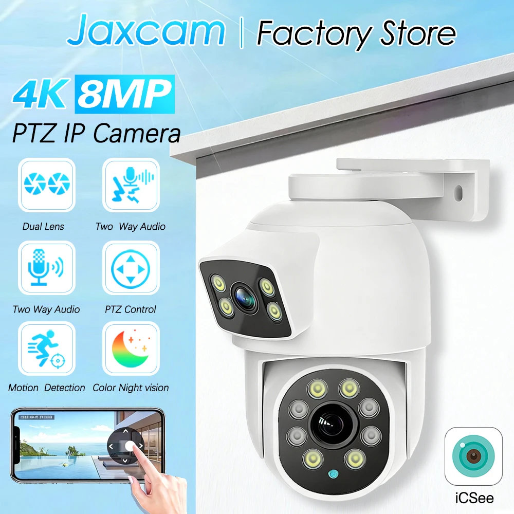 POE IP Rj45 Network 8MP Dual Lens Dome PTZ Camera Security Monitoring 360° Tracking Home Outdoor Built-In Microphone ICsee