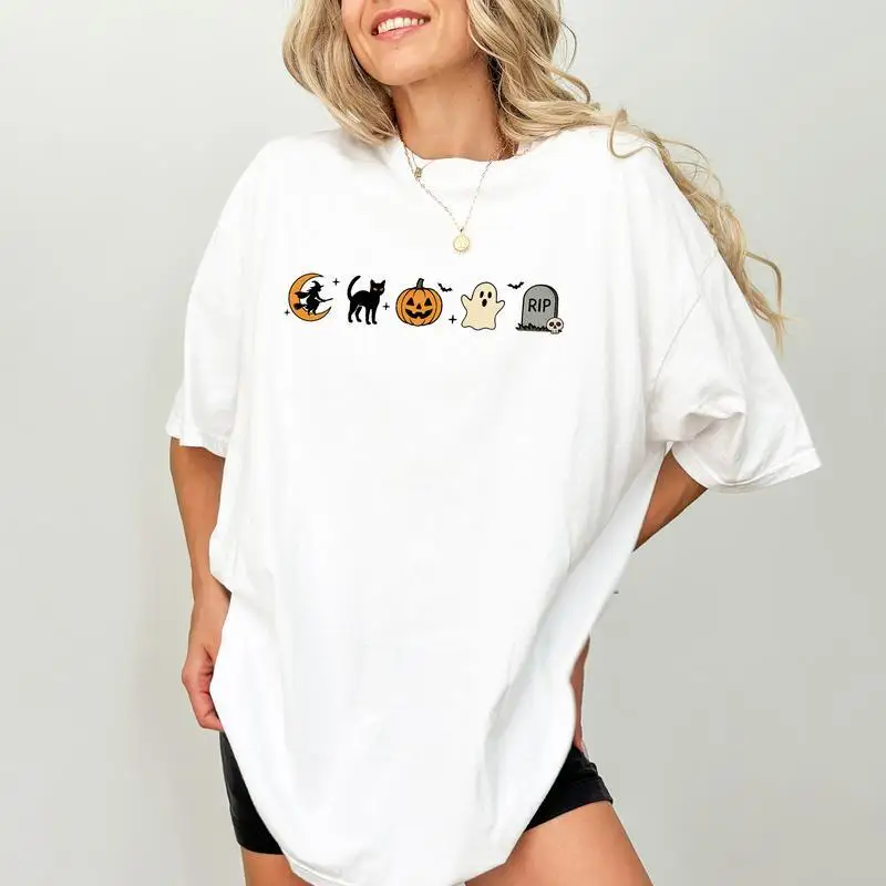 Cute Halloween Icons T-Shirt for Women, Unisex Cat Ghost Pumpkin Graphic Tee, Funny Autumn Holiday Party Top
Cute Halloween Icons T-Shirt for Women, Unisex Cat Ghost Pumpkin Graphic Tee, Funny Autumn Holiday Party Top
