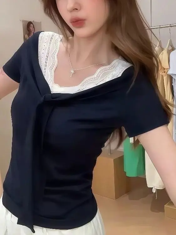 Korean Sle V-Ne Lace Patchwork ort Sve T-irt Women's Summer Slimming Tie Waist Top Pure Color Commute Sle
Korean Sle V-Ne Lace Patchwork ort Sve T-irt Women's Summer Slimming Tie Waist Top Pure Color Commute Sle