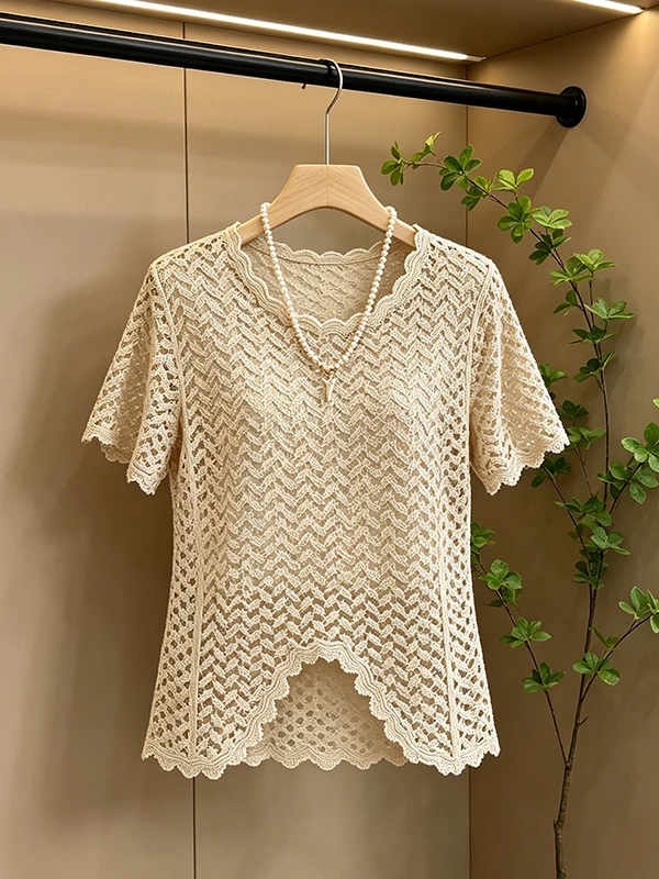 Lace Shirt Women's Summer New Style Loose Hollow out Short Sleeve Asymmetrical Fashionable Korean Version Daily Commute Style
Lace Shirt Women's Summer New Style Loose Hollow out Short Sleeve Asymmetrical Fashionable Korean Version Daily Commute Style