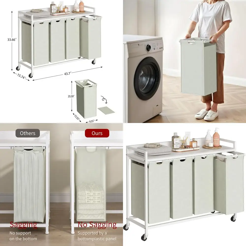 4-Section Laundry Hamper with Removable Bags, Movable Wheels, Metal Frame, 60L Capacity, White
4-Section Laundry Hamper with Removable Bags, Movable Wheels, Metal Frame, 60L Capacity, White