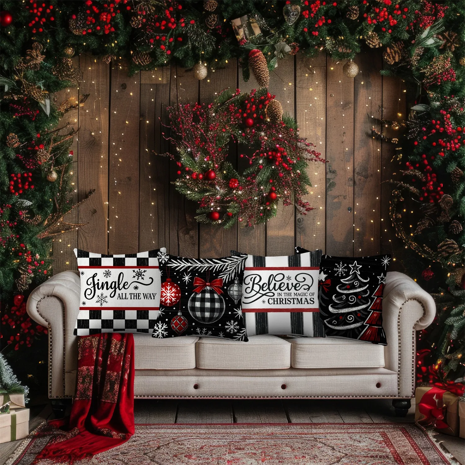 Black Christmas tree and white star Christmas pillowcases (4-pack) suitable for decorating living room chairs and sofas.
Black Christmas tree and white star Christmas pillowcases (4-pack) suitable for decorating living room chairs and sofas.
