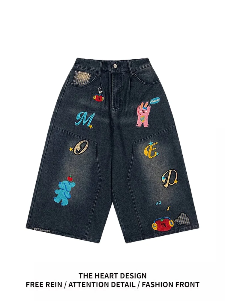 Retro American Cartoon Embroidery Denim orts Women's Summer New Loose Wide Leg Seven-Foot-Pants High Waist Jeans
Retro American Cartoon Embroidery Denim orts Women's Summer New Loose Wide Leg Seven-Foot-Pants High Waist Jeans
