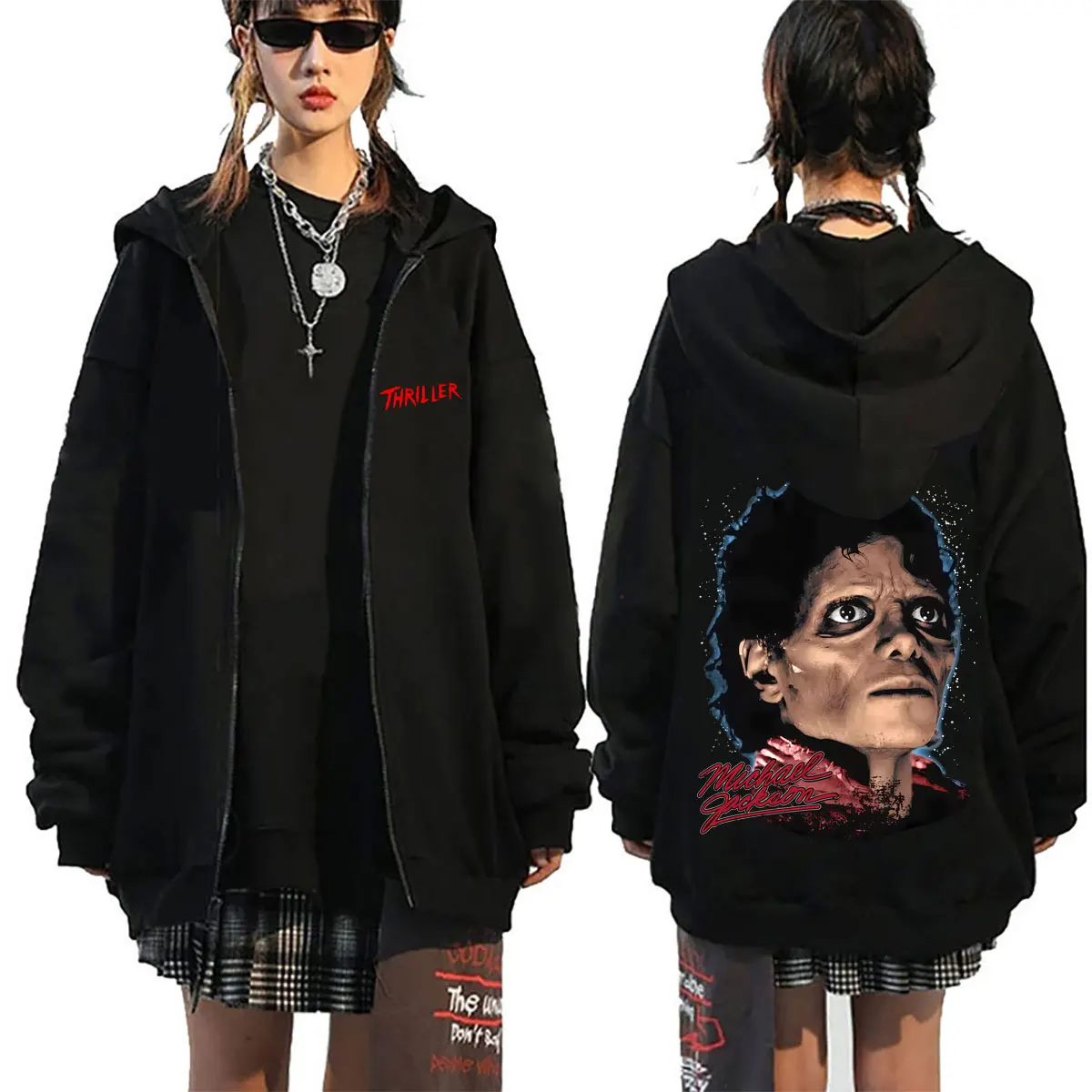 Michael Jackson Thriller Graphic Zipper Hoodie Men Women Gothic Rock Zip Up Jacket Men's Retro Punk Oversized Zip Up Sweatshirt
Michael Jackson Thriller Graphic Zipper Hoodie Men Women Gothic Rock Zip Up Jacket Men's Retro Punk Oversized Zip Up Sweatshirt