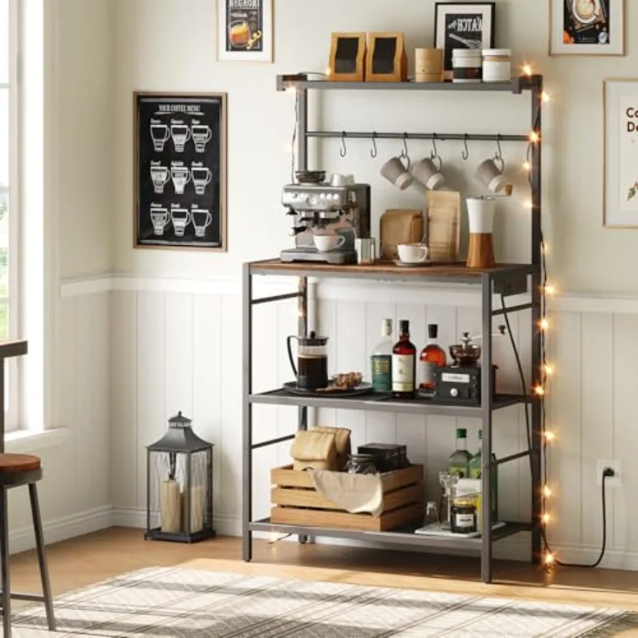 Bakers Rack with Power Outlet for Kitchen and Dining Room, Rustic Brown and Black Metal, 4-Tier Coffee Bar Station with 6 Hooks
Bakers Rack with Power Outlet for Kitchen and Dining Room, Rustic Brown and Black Metal, 4-Tier Coffee Bar Station with 6 Hooks