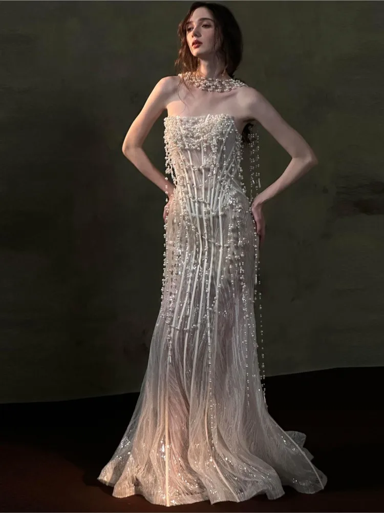 Strapless pearl light luxury birthday party banquet wedding dress
Strapless pearl light luxury birthday party banquet wedding dress