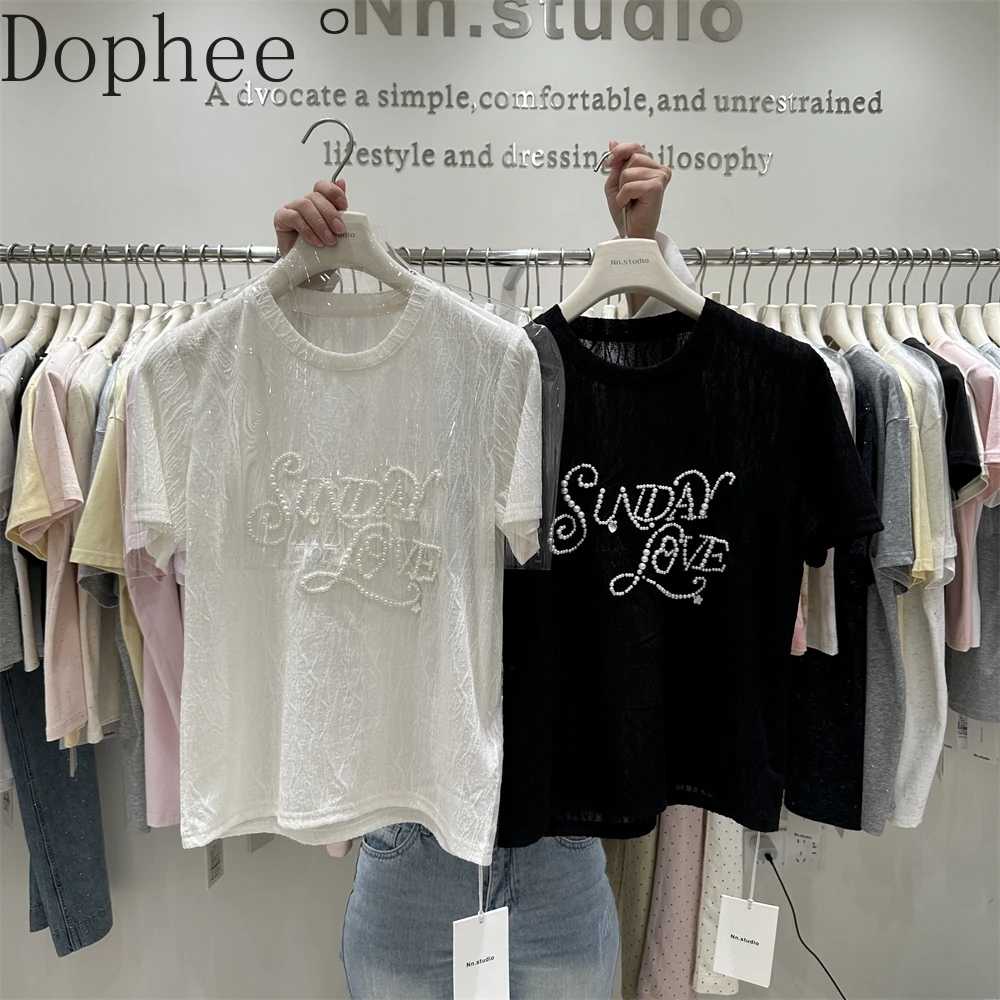 Female Lace Short Sleeve T-shirt 2025 New Summer Beading Letters Loose O-neck Pullover Top All-match Casual Women Bottoming Tees
Female Lace Short Sleeve T-shirt 2025 New Summer Beading Letters Loose O-neck Pullover Top All-match Casual Women Bottoming Tees