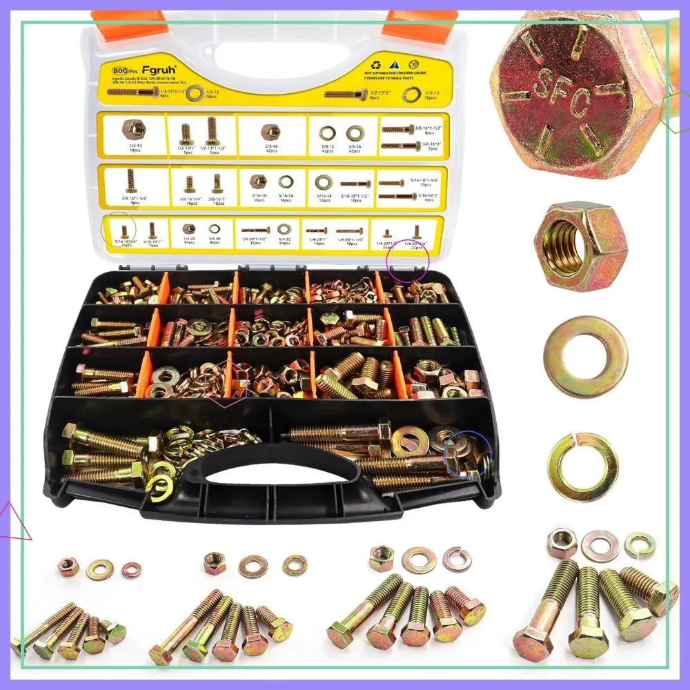 800PCS SAE Bolts and Nuts Assortment, Grade 8 Heavy Duty Hex Set with Washers, Yellow Zinc
800PCS SAE Bolts and Nuts Assortment, Grade 8 Heavy Duty Hex Set with Washers, Yellow Zinc