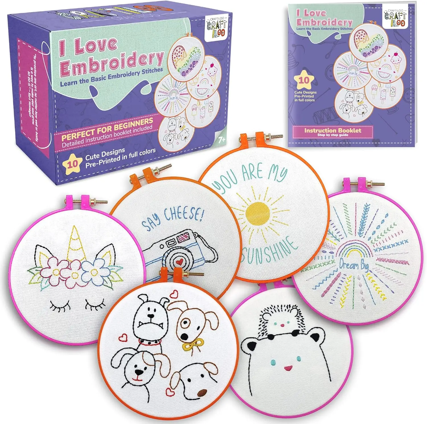 Beginner Embroidery Kit for Kids Ages 7-13 with 10 Pre-Stamped Patterns, Hoops, Floss & Tutorials
Beginner Embroidery Kit for Kids Ages 7-13 with 10 Pre-Stamped Patterns, Hoops, Floss & Tutorials