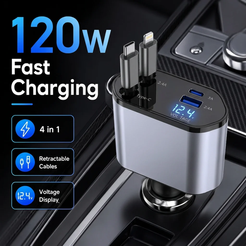 120W Retractable Car Charger 4 in 1 USB C Lightning Fast Charging Adapter for iPhone Samsung Car Accessories
120W Retractable Car Charger 4 in 1 USB C Lightning Fast Charging Adapter for iPhone Samsung Car Accessories