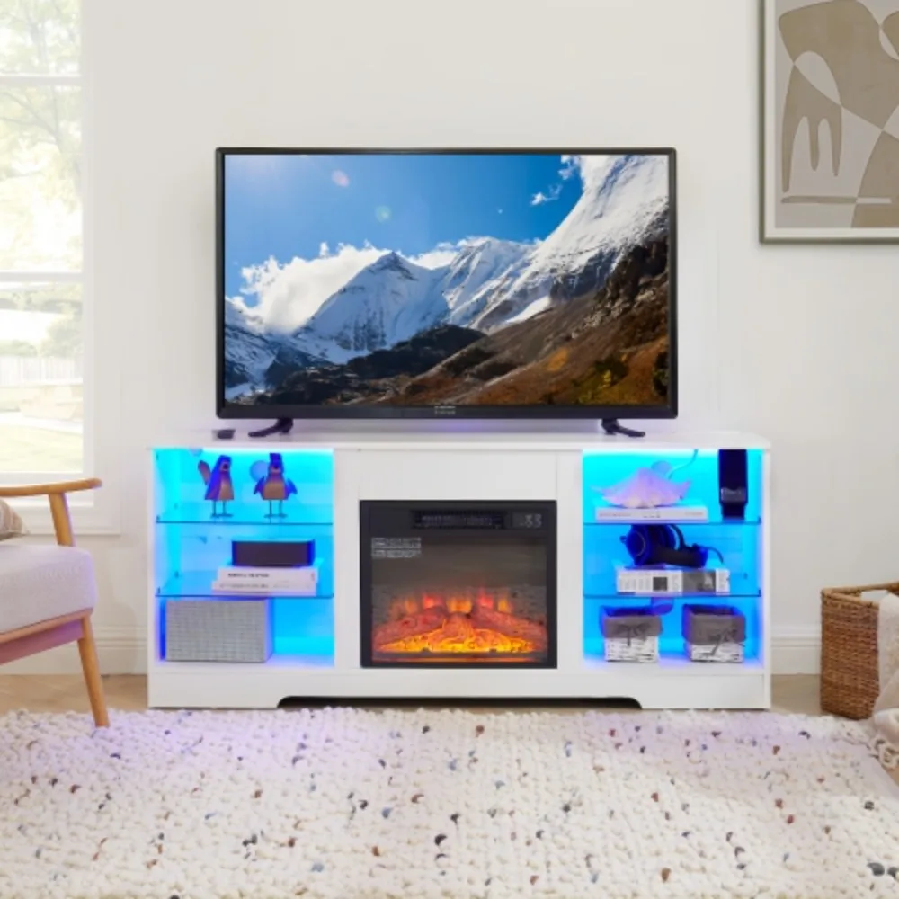 TV Stand Electric Fireplace TV Stand with Glass Shelves, 3D Fireplace TV Stand with LED Lights Wood with USB Charging Outlet
TV Stand Electric Fireplace TV Stand with Glass Shelves, 3D Fireplace TV Stand with LED Lights Wood with USB Charging Outlet