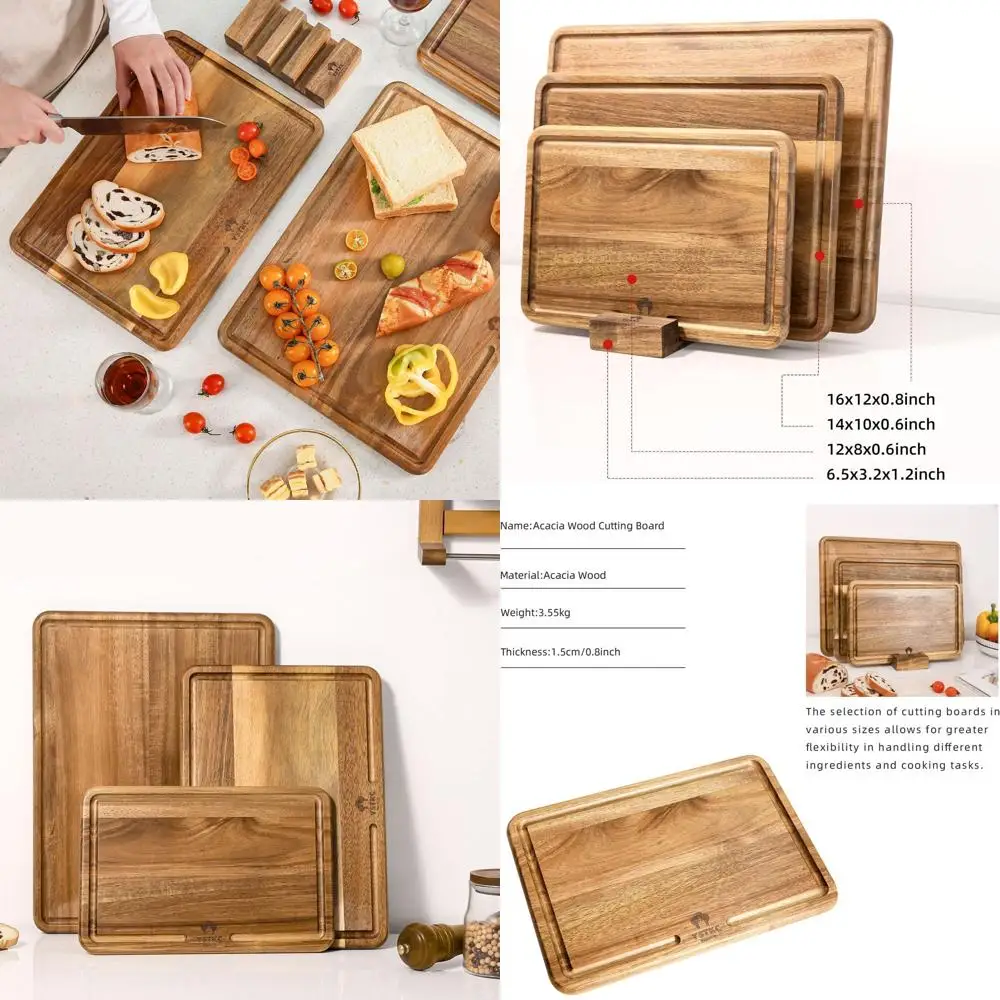 Set of 3 Acacia Wood Kitchen Cutting Boards with Deep Juice Grooves for Meat, Fruit, and Cheese
Set of 3 Acacia Wood Kitchen Cutting Boards with Deep Juice Grooves for Meat, Fruit, and Cheese