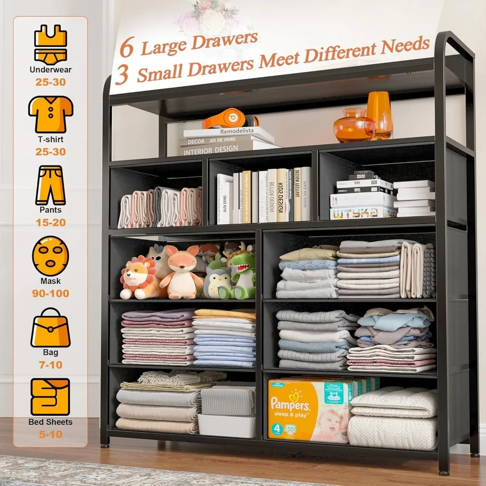 9-drawer bedroom dresser with 2 open shelves, durable fabric chest for storage
9-drawer bedroom dresser with 2 open shelves, durable fabric chest for storage