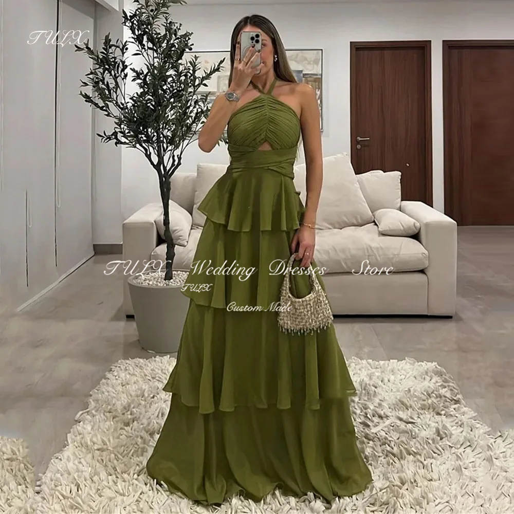 TULX Green Glitter Chiffon Evening Dresses Sleeveless Tiered Ruched Pleated Prom Gowns Halter Occasion Floor Length Customized
TULX Green Glitter Chiffon Evening Dresses Sleeveless Tiered Ruched Pleated Prom Gowns Halter Occasion Floor Length Customized
