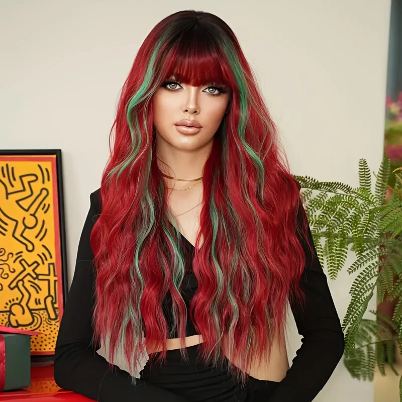 Red Dark Roots and Green Highlights Women's Wavy Wig - Viscose Material, Heat Resistant, High Density, Long Wavy Ombre Wig
Red Dark Roots and Green Highlights Women's Wavy Wig - Viscose Material, Heat Resistant, High Density, Long Wavy Ombre Wig