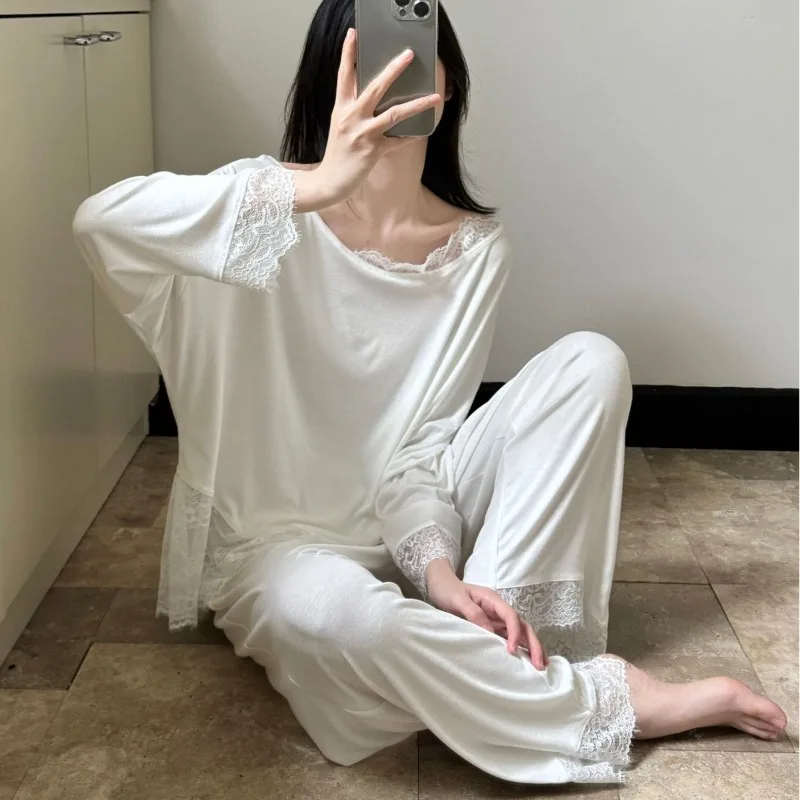 Lace Patchwork Pajamas Two-piece Set Sleepwear Long-sleeve Top Long Pants Women Simple Loose Sweet Loungewear Sets Womens Outfit
Lace Patchwork Pajamas Two-piece Set Sleepwear Long-sleeve Top Long Pants Women Simple Loose Sweet Loungewear Sets Womens Outfit