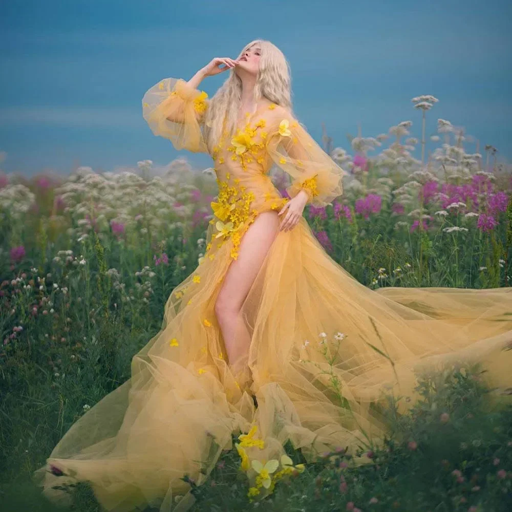 Yellow Prom Dresses 3D Flowers Floral Party Gowns Fashion V-Neck Long Sleeves Print High Side Silt Photo Shoot Evening Dresses
Yellow Prom Dresses 3D Flowers Floral Party Gowns Fashion V-Neck Long Sleeves Print High Side Silt Photo Shoot Evening Dresses