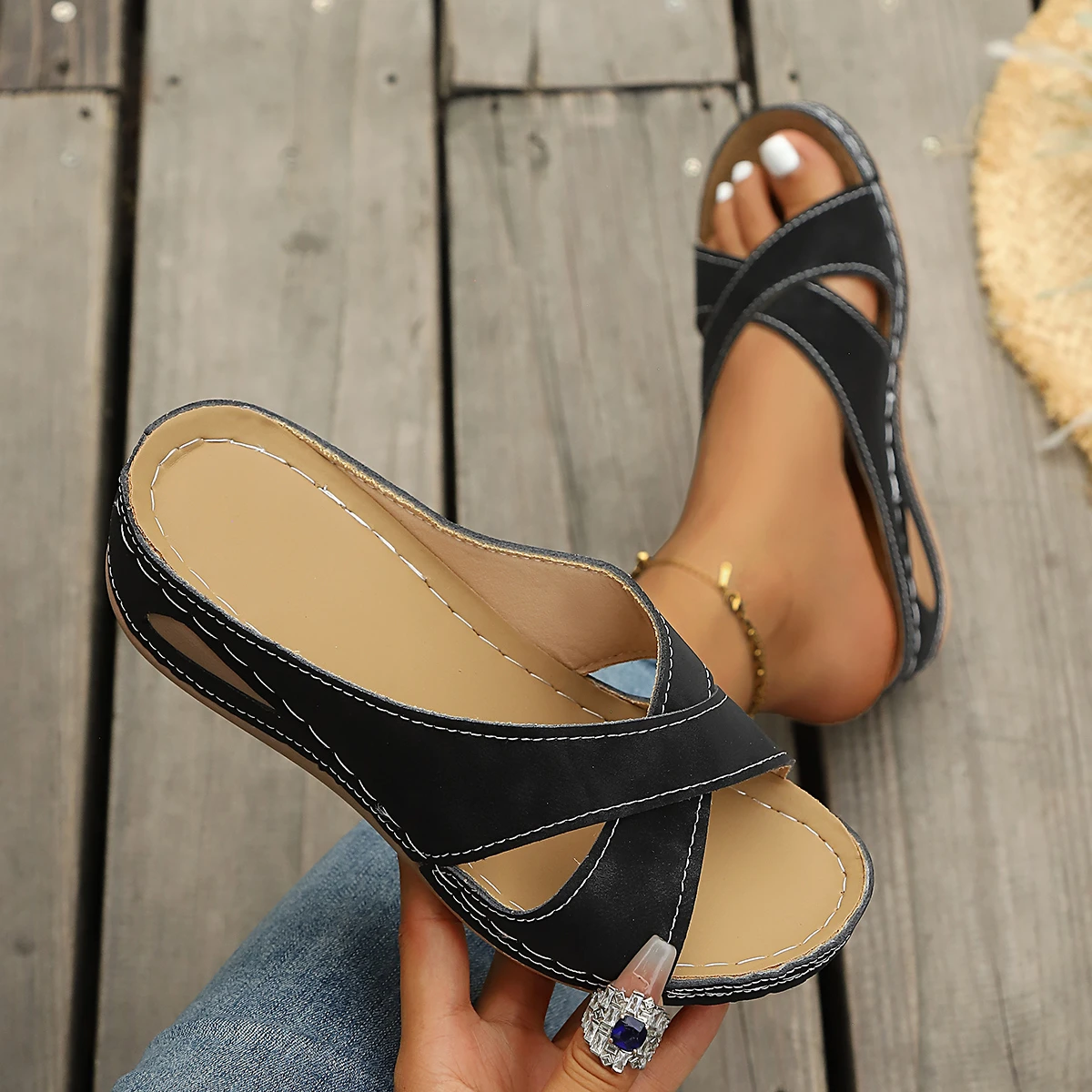 Women's Cross Strap Wedge Slide Sandals, Hollow Out Platform Open Toe Slip On Mules, Comfort Lightweight Summer Walking Sandals 15 S2d1edd27ccb9469480d76012627d91a5Z