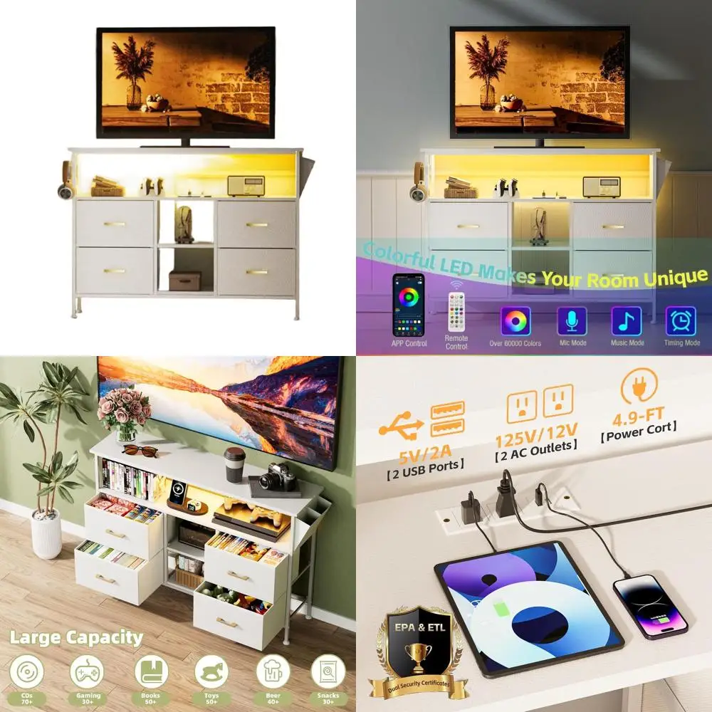 White 50'' TV Stand with LED Light, 4-Drawer Entertainment Center, Storage Chest for Bedroom
White 50'' TV Stand with LED Light, 4-Drawer Entertainment Center, Storage Chest for Bedroom
