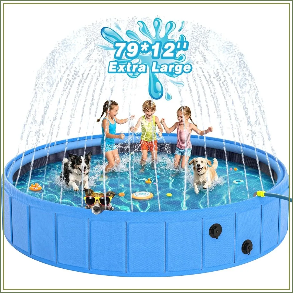 79" Foldable Dog Pool with Sprinkler, Large Collapsible Pet Pool, Heavy Duty PVC & PP Portable Dog Swimming Pool, Non-Slip Outdoor Bathing Tub for Backyard Summer Play
79" Foldable Dog Pool with Sprinkler, Large Collapsible Pet Pool, Heavy Duty PVC & PP Portable Dog Swimming Pool, Non-Slip Outdoor Bathing Tub for Backyard Summer Play