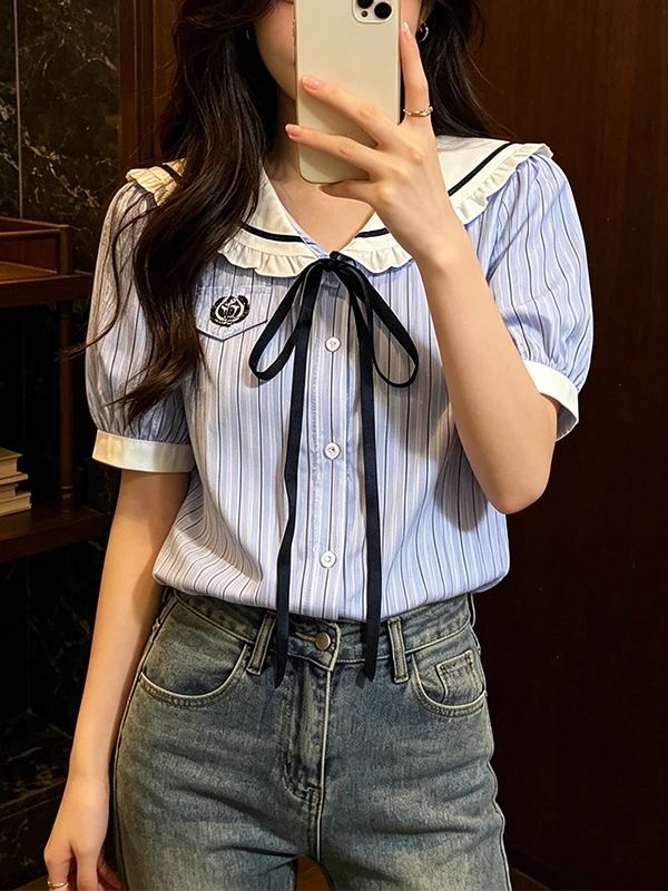 plus Size Women's Blue Striped Shirt Summer 2026 New Style Korean Version Breathable Comfortable Slimming Top Shoulder Length
plus Size Women's Blue Striped Shirt Summer 2026 New Style Korean Version Breathable Comfortable Slimming Top Shoulder Length