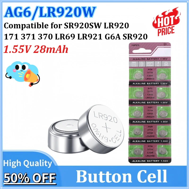 1.55V AG6 LR920 171 371 370 LR69 LR921 G6A SR920 Button Batteries for Watch Toys Remote SR920SW AG 6 Cell Coin Alkaline Battery
1.55V AG6 LR920 171 371 370 LR69 LR921 G6A SR920 Button Batteries for Watch Toys Remote SR920SW AG 6 Cell Coin Alkaline Battery